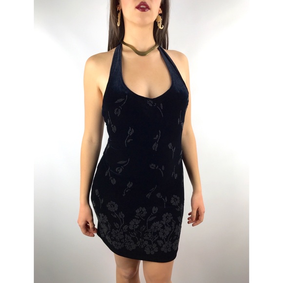 Vintage Dresses & Skirts - 1980’s black velour beaded bodycon halter dress